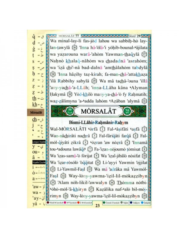 Coran chapitre tabarak (29) Tajwid Arabe Français Phonétique avec règles de tajwid - جزء تبارك