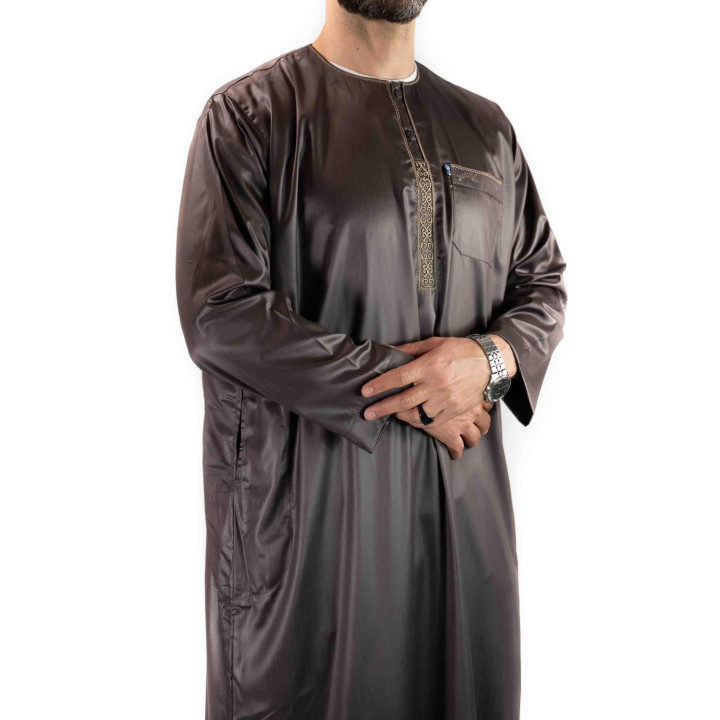 Qamis Ikaf Marron  satiné manches longues