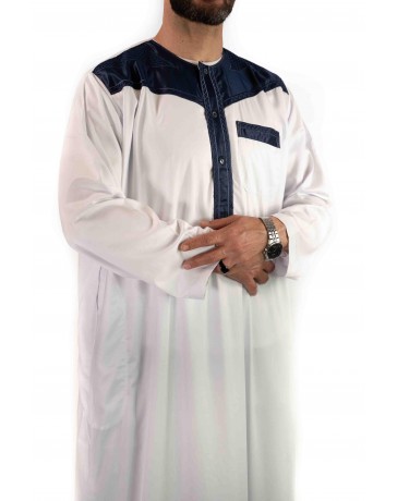 Qamis bicolore manches longues- Blanc / Bleu marine - Atlas