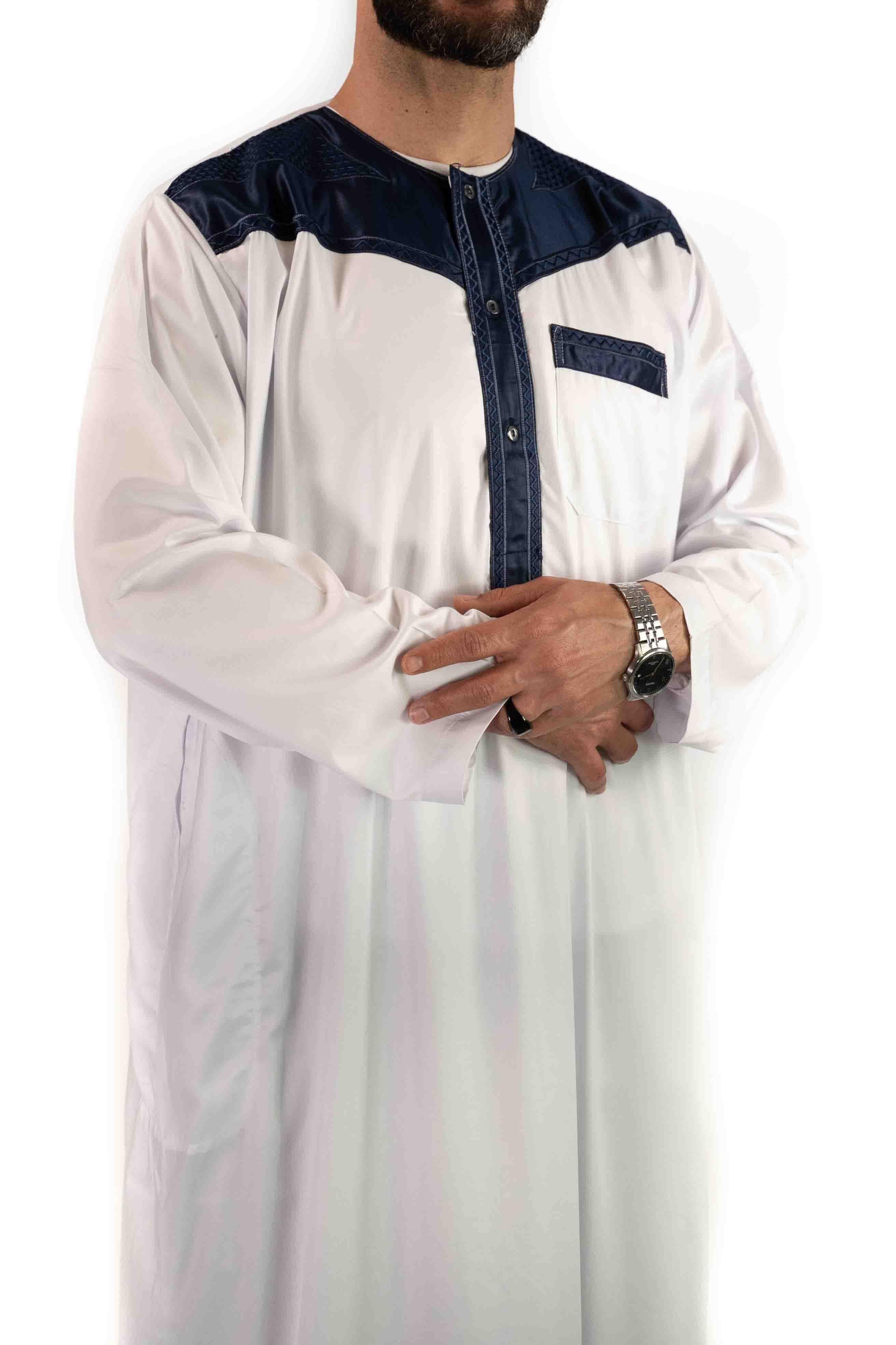 Qamis bicolore manches longues- Blanc / Bleu marine - Atlas