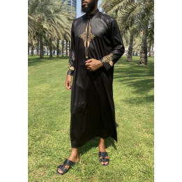 Qamis Aylan Noir - Broderie - Satiné