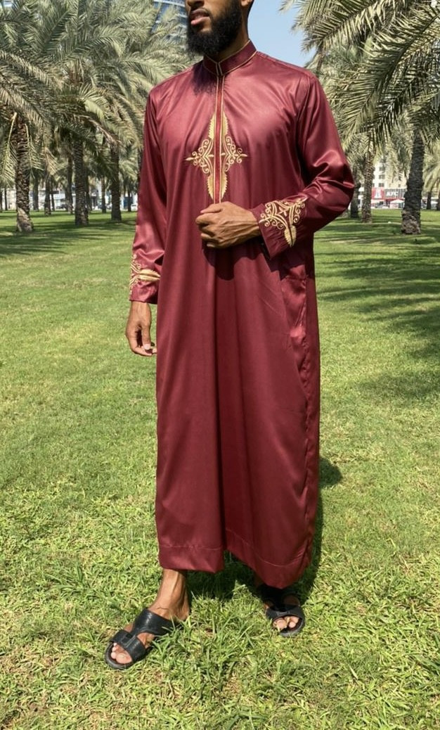 Qamis Aylan Bordeaux - Broderie - Satiné