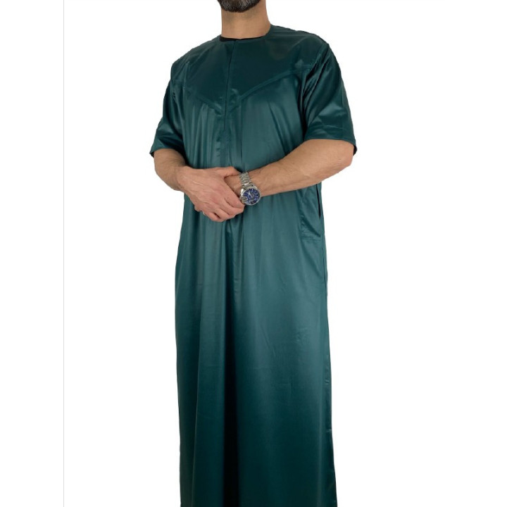 Qamis Emirati manches courtes Vert Bouteille - Satiné Precious