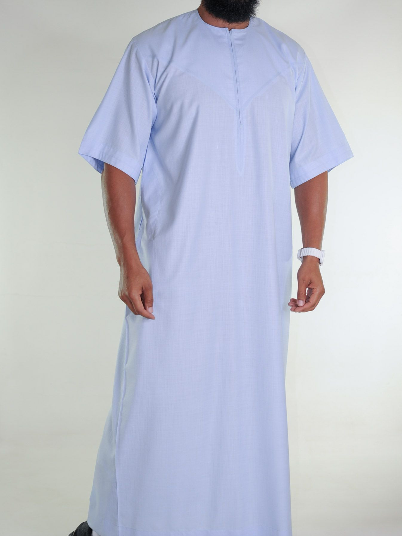 Qamis emirati en lin manches courtes bleu clair