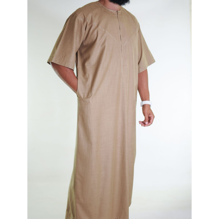 Qamis emirati en lin manches courtes beige foncé