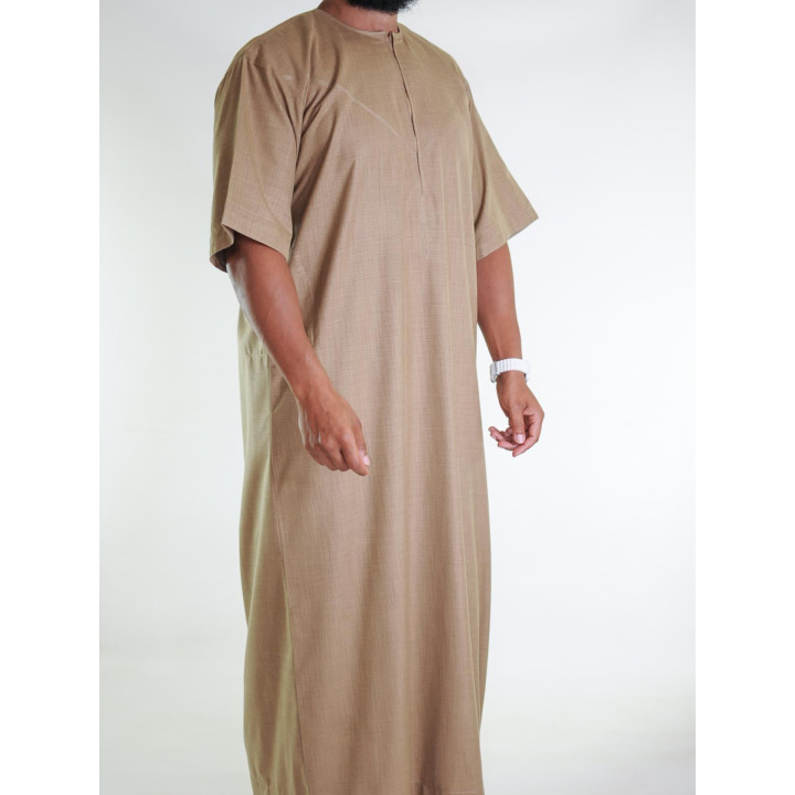 Qamis emirati en lin manches courtes beige foncé