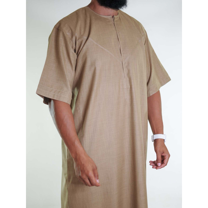 Qamis emirati en lin manches courtes beige foncé