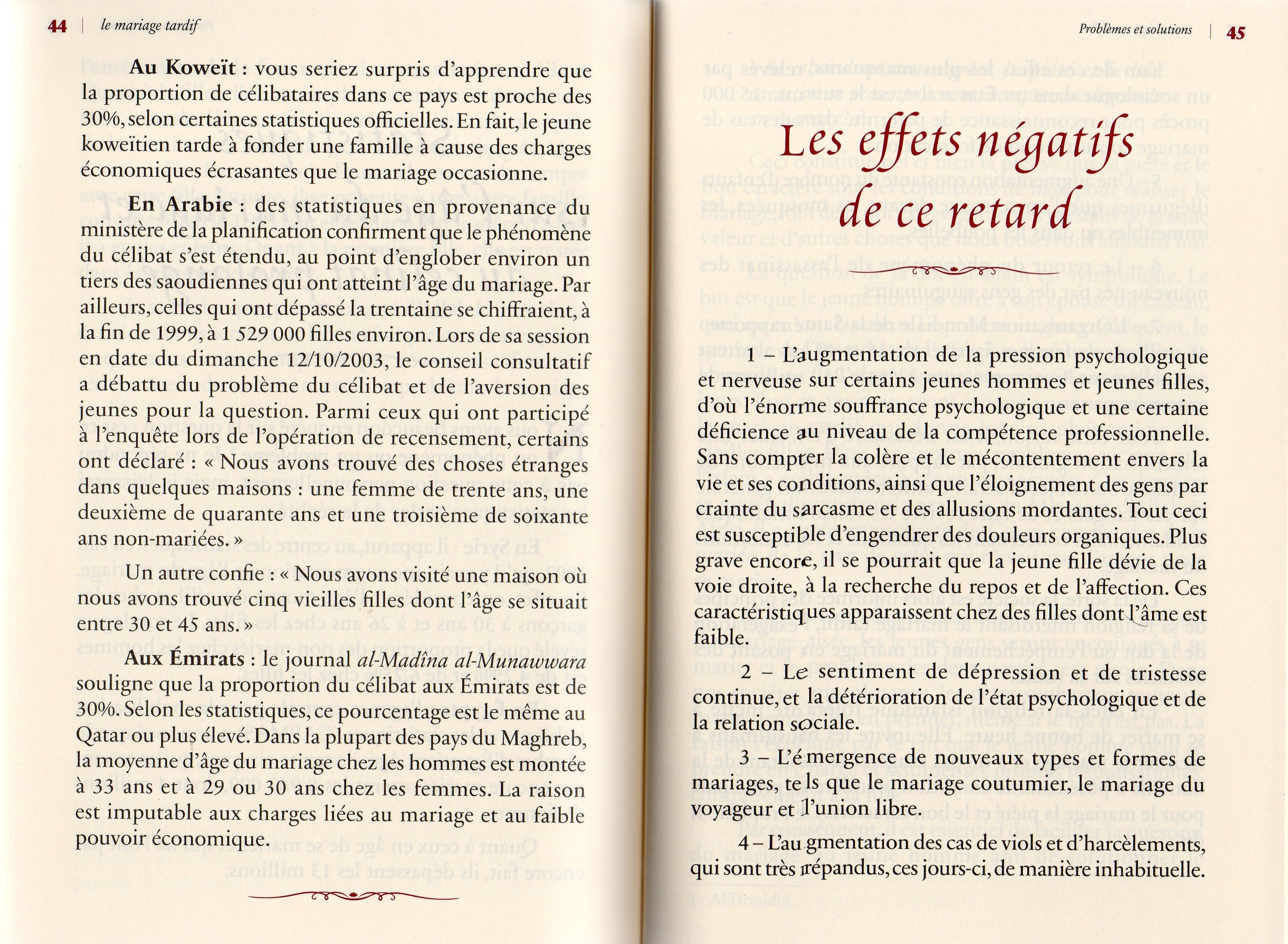 Le mariage tardif, Problèmes & Solutions