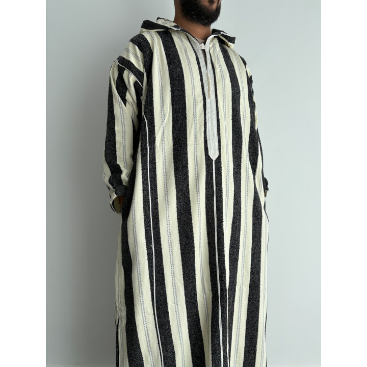 Djellaba marocaine Ouazzania rayée - Blanc/noir
