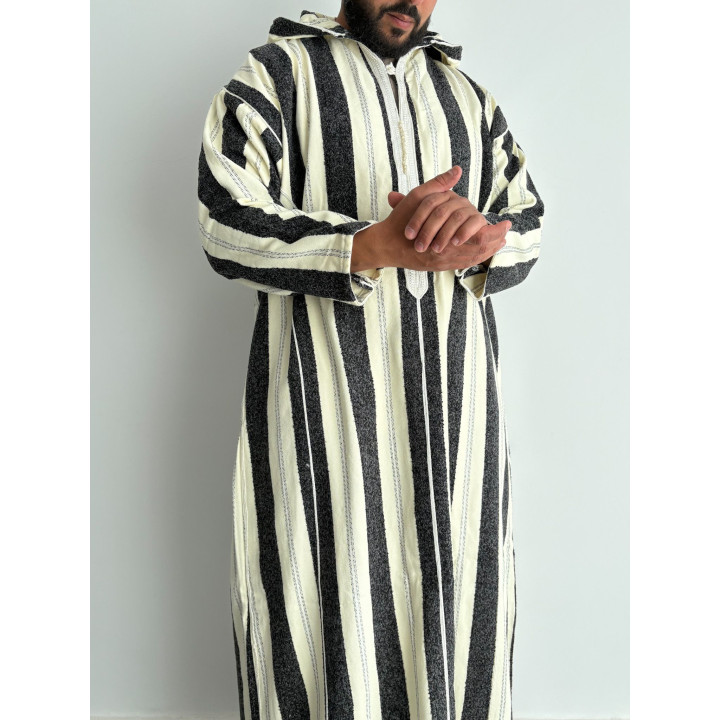 Djellaba marocaine Ouazzania rayée - Blanc/noir