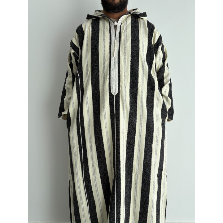 Djellaba marocaine Ouazzania rayée - Blanc/noir