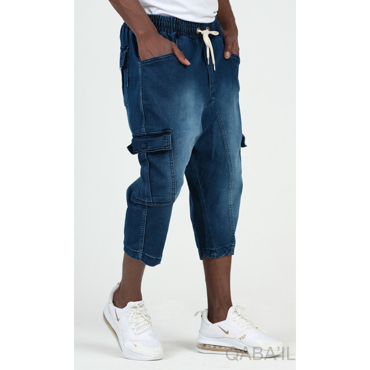 Cargo court jean stretch 9114 bleu brut - Qabail