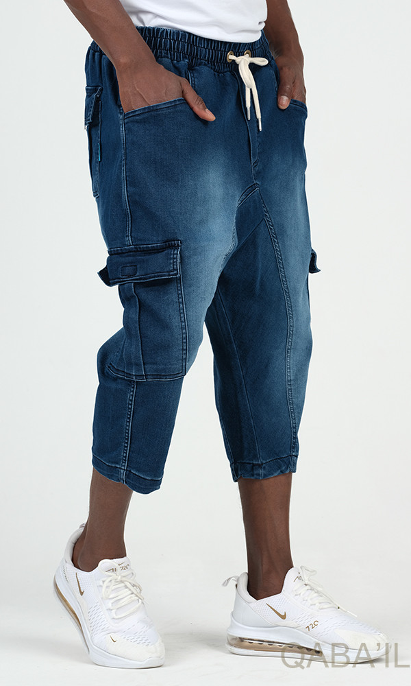 Cargo court jean stretch 9114 bleu brut - Qabail