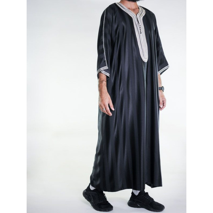 Gandoura marocaine jawhara - Noir / Broderie Blanche