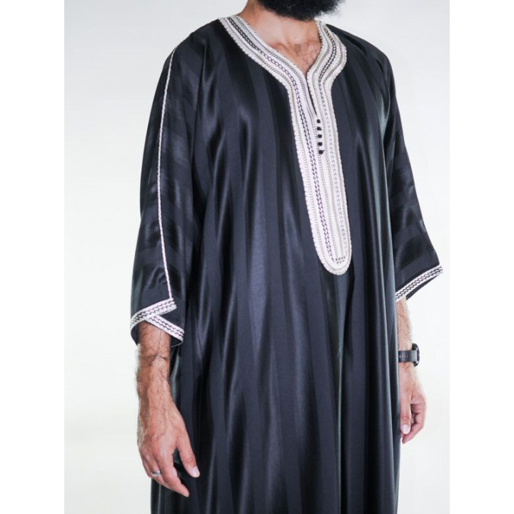 Gandoura marocaine jawhara - Noir / Broderie Blanche