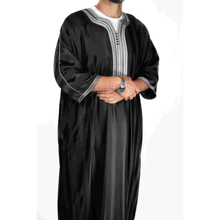 Gandoura marocaine jawhara - Noir / Broderie Blanche