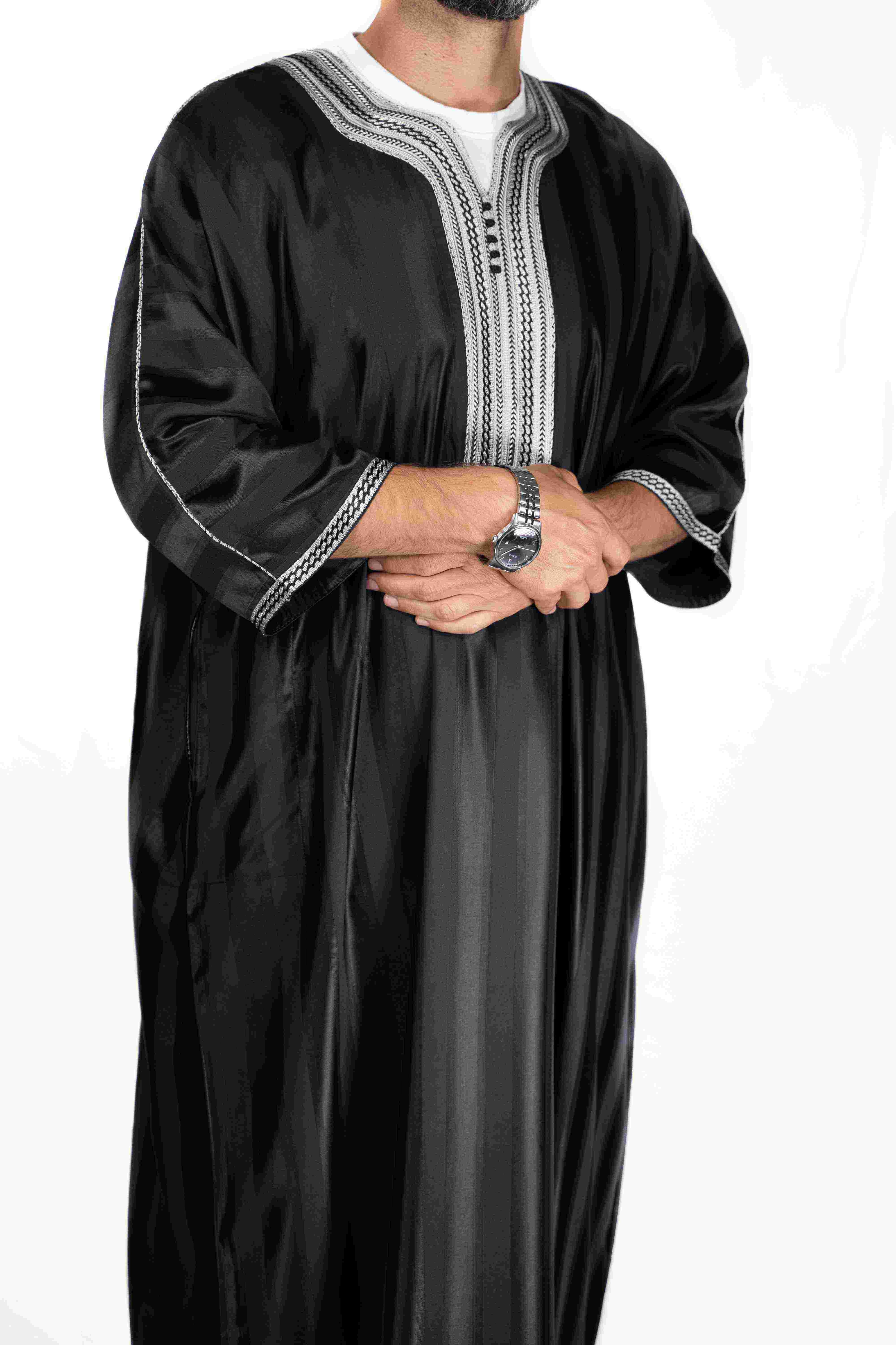 Gandoura marocaine jawhara - Noir / Broderie Blanche