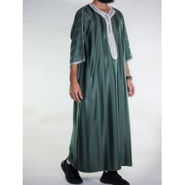 Gandoura marocaine Vert bouteille / Broderie Blanche