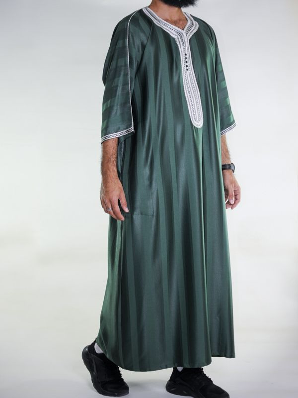 Gandoura marocaine Vert bouteille / Broderie Blanche