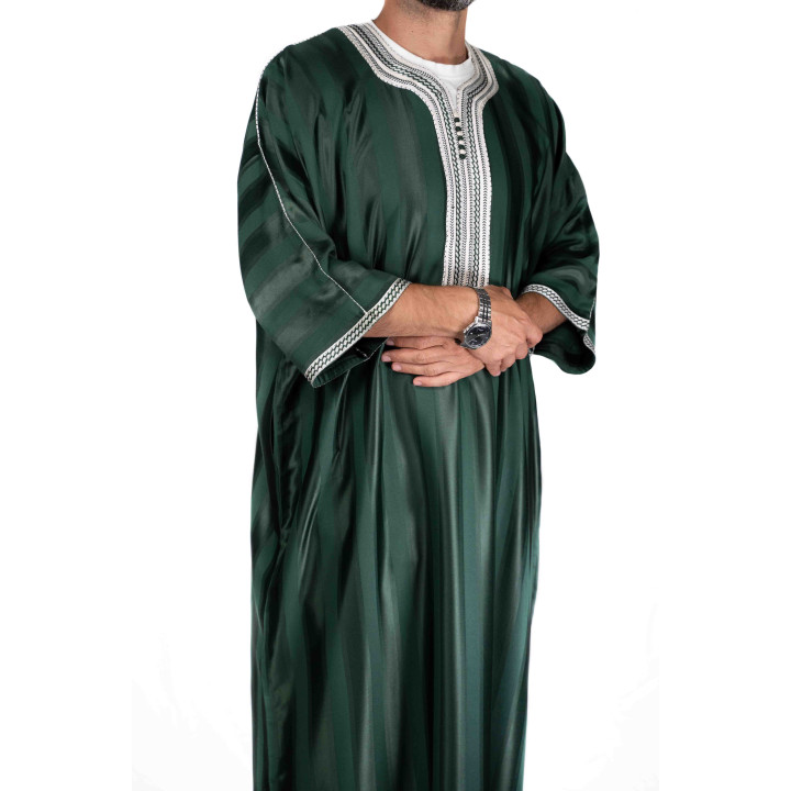 Gandoura marocaine Vert bouteille / Broderie Blanche