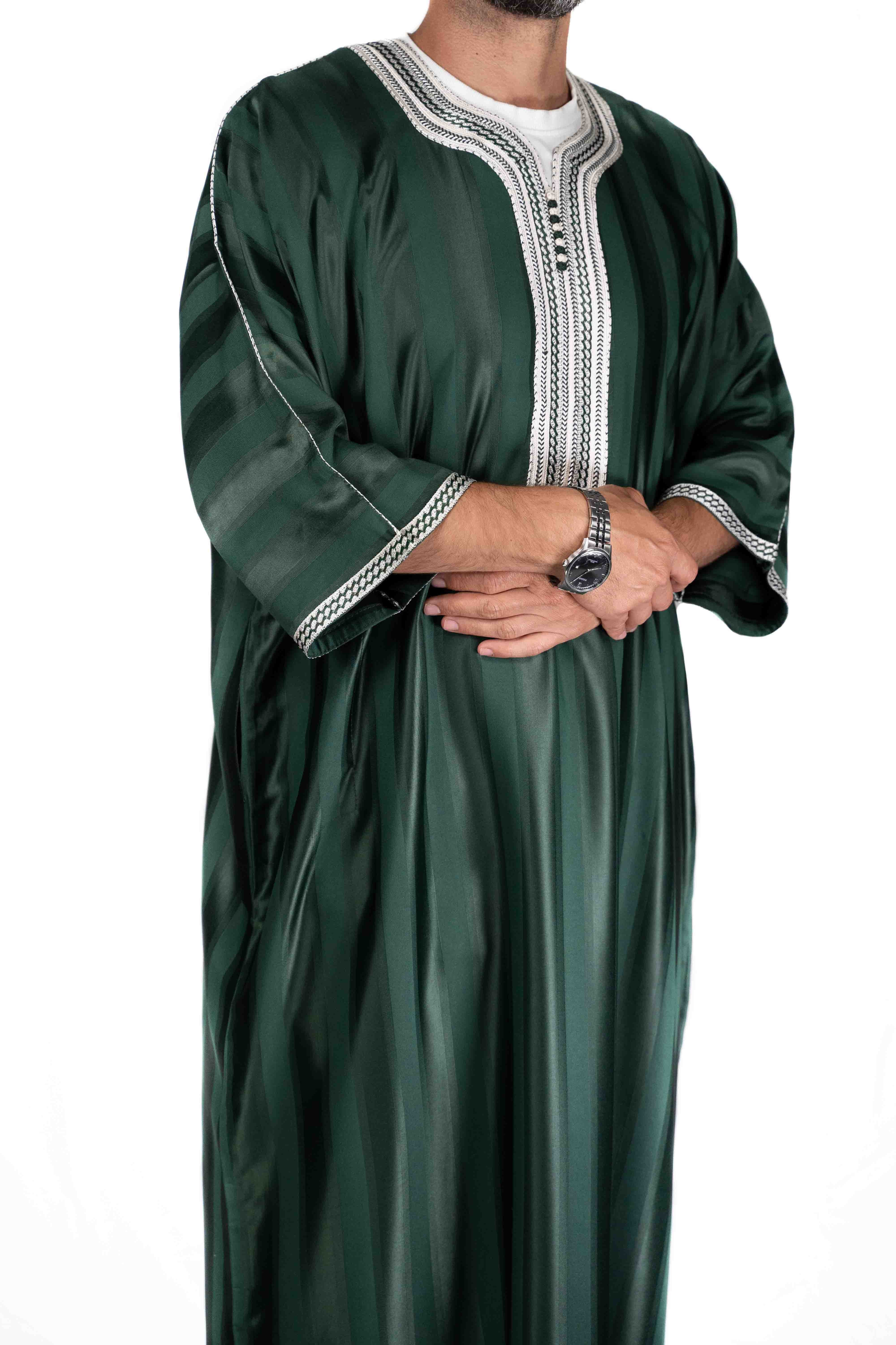 Gandoura marocaine Vert bouteille / Broderie Blanche