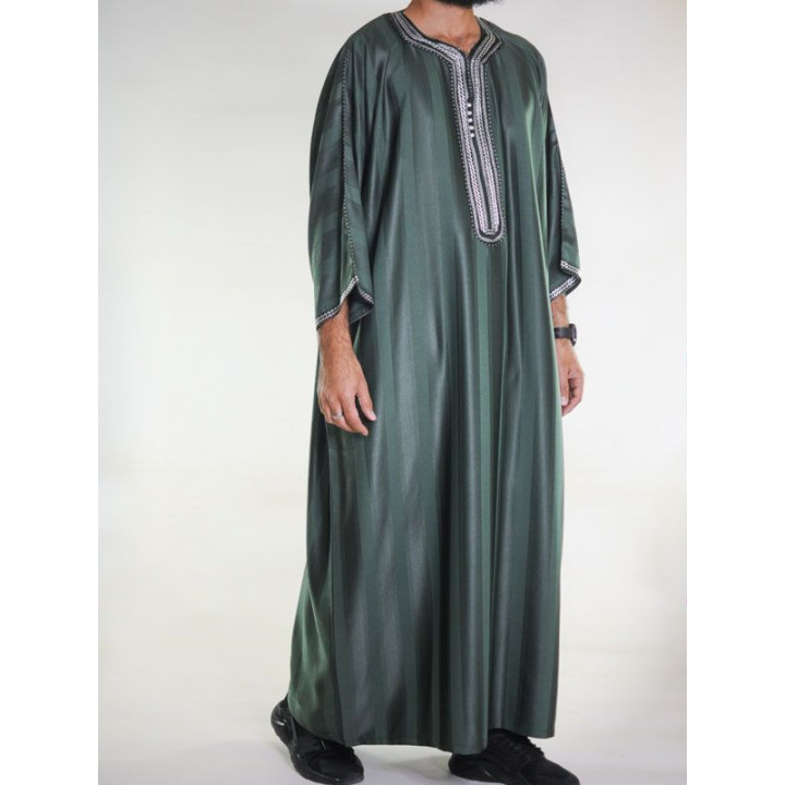 Gandoura marocaine Vert bouteille / Broderie Blanche