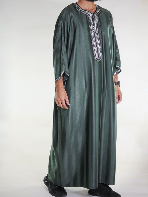 Gandoura marocaine Vert bouteille / Broderie Blanche
