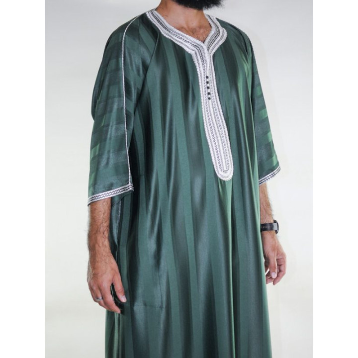 Gandoura marocaine Vert bouteille / Broderie Blanche