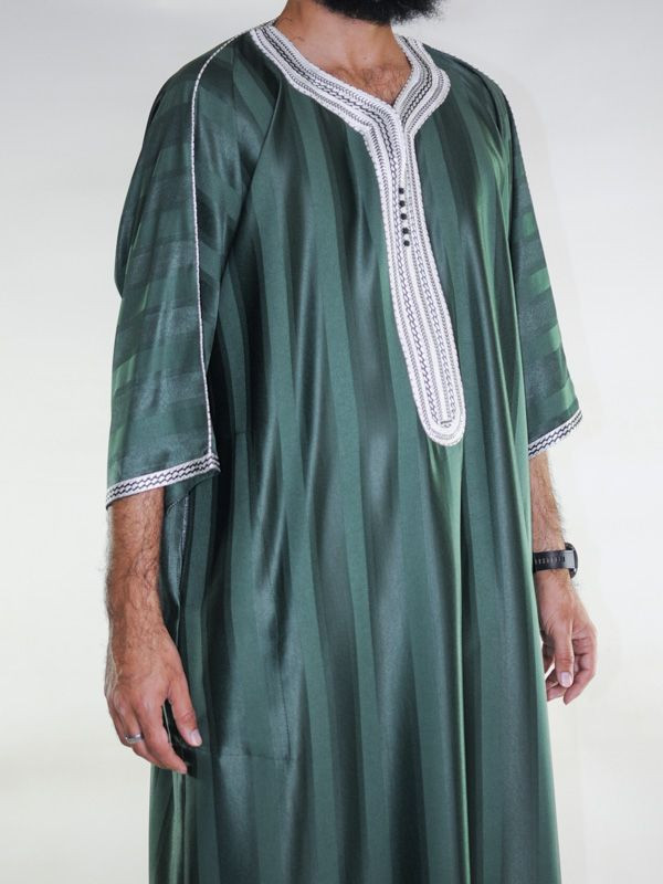 Gandoura marocaine Vert bouteille / Broderie Blanche