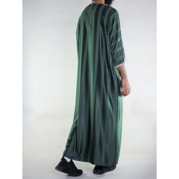 Gandoura marocaine Vert bouteille / Broderie Blanche
