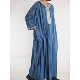 Gandoura marocaine Bleu émeraude / Broderie blanc