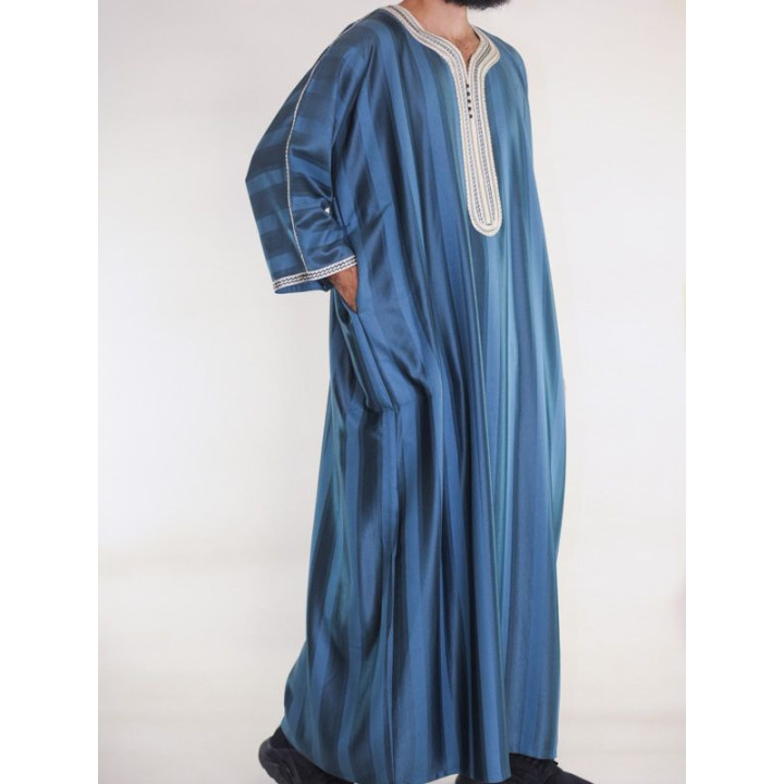 Gandoura marocaine Bleu émeraude / Broderie blanc