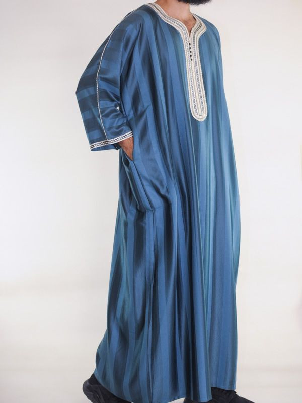Gandoura marocaine Bleu émeraude / Broderie blanc