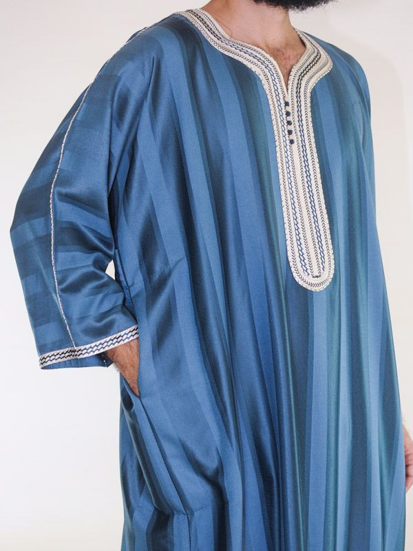 Gandoura marocaine Bleu émeraude / Broderie blanc