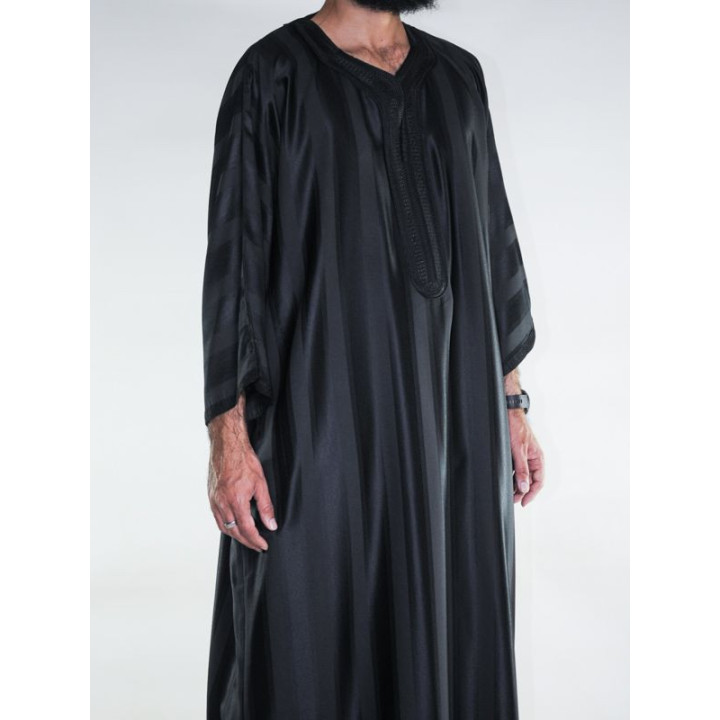 Gandoura marocaine jawhara - Noir / Broderie ton sur ton