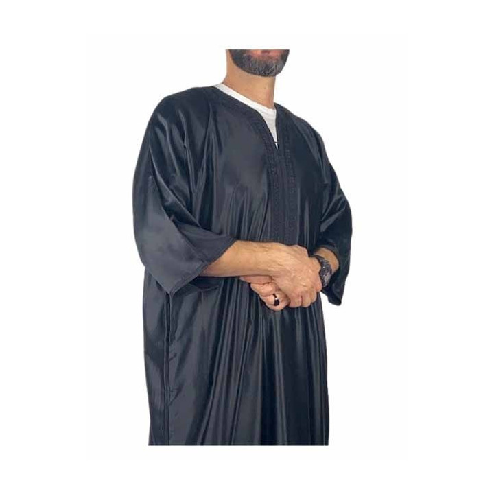 Gandoura marocaine jawhara - Noir / Broderie ton sur ton