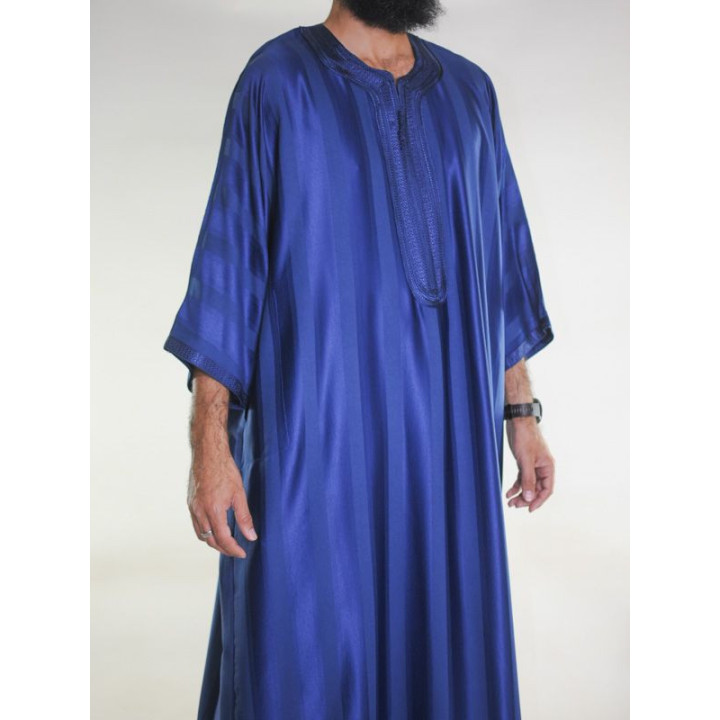 Gandoura marocaine jawhara - Bleu marine / Broderie ton sur ton