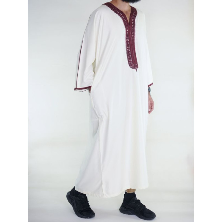 Gandoura marocaine Amir - blanc cassé / bordeaux