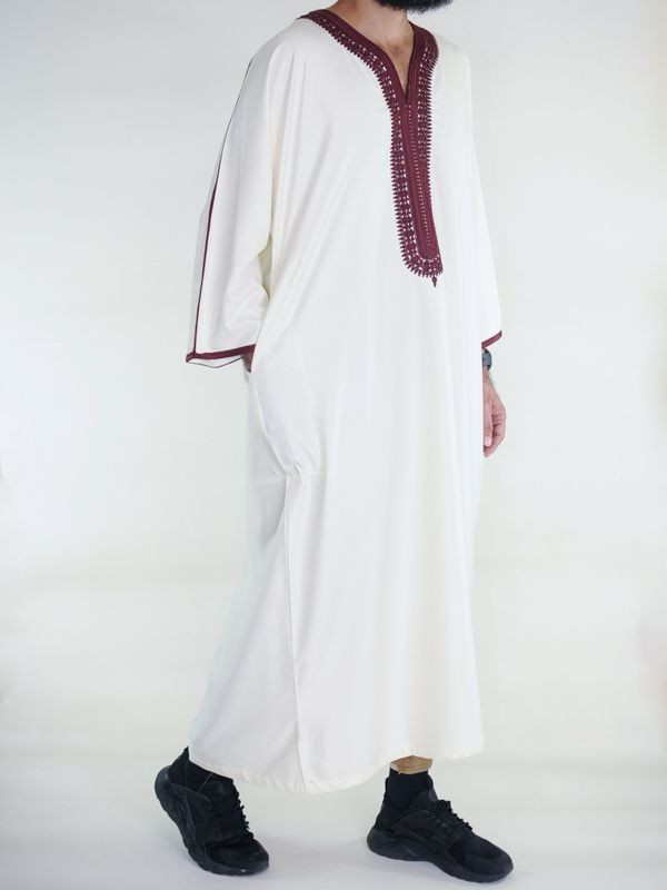 Gandoura marocaine Amir - blanc cassé / bordeaux