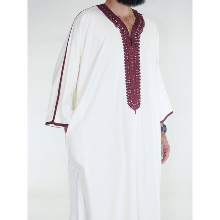 Gandoura marocaine Amir - blanc cassé / bordeaux