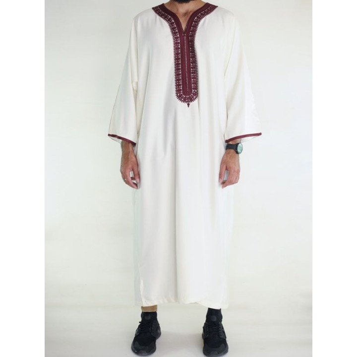 Gandoura marocaine Amir - blanc cassé / bordeaux