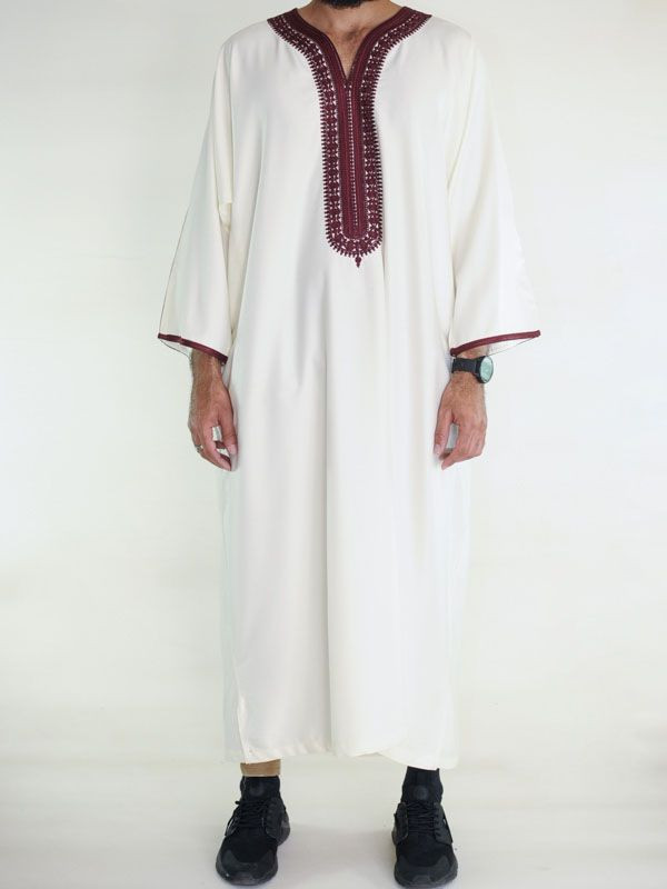 Gandoura marocaine Amir - blanc cassé / bordeaux