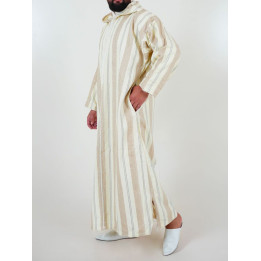 Djellaba marocaine Ouazzania rayée - Blanc/taupe