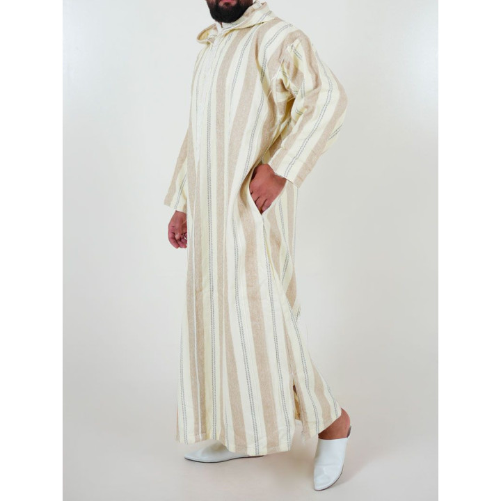 Djellaba marocaine Ouazzania rayée - Blanc/taupe