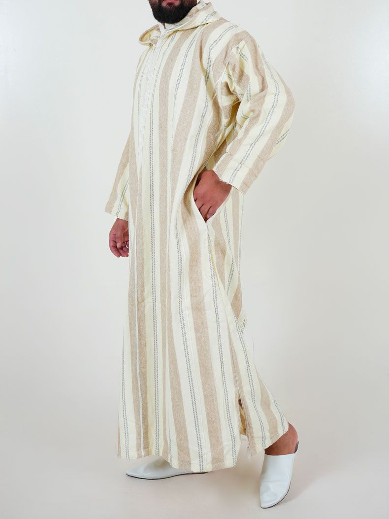 Djellaba marocaine Ouazzania rayée - Blanc/taupe