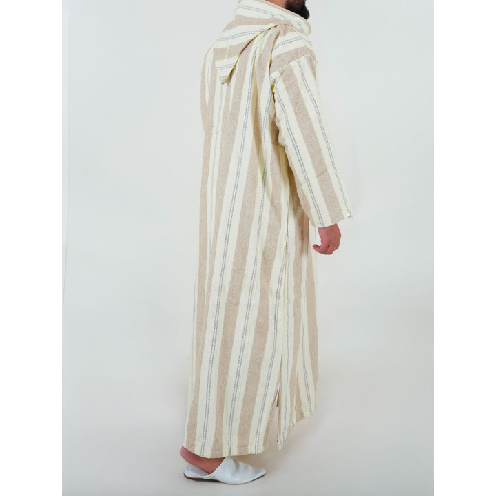 Djellaba marocaine Ouazzania rayée - Blanc/taupe
