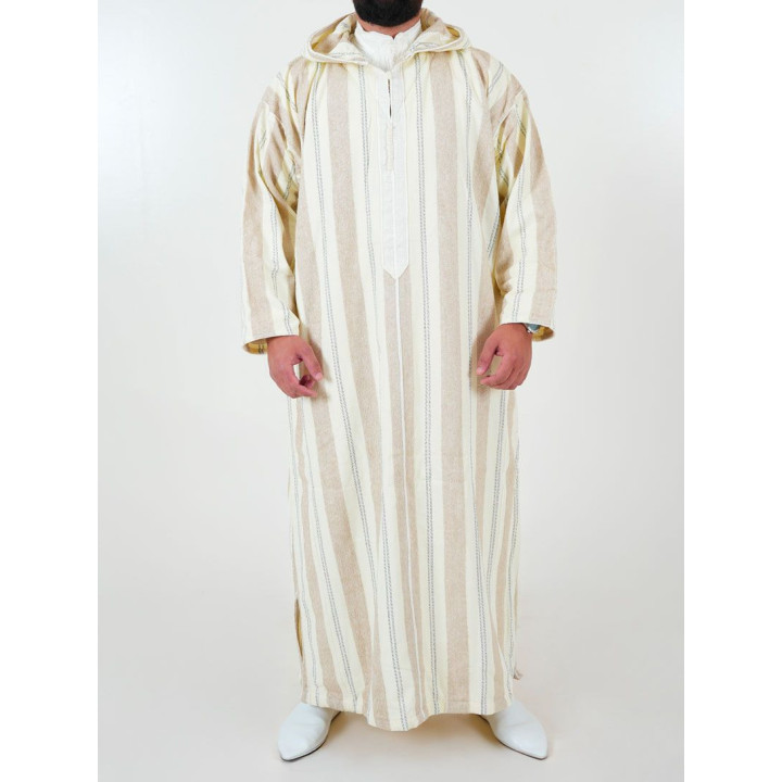 Djellaba marocaine Ouazzania rayée - Blanc/taupe