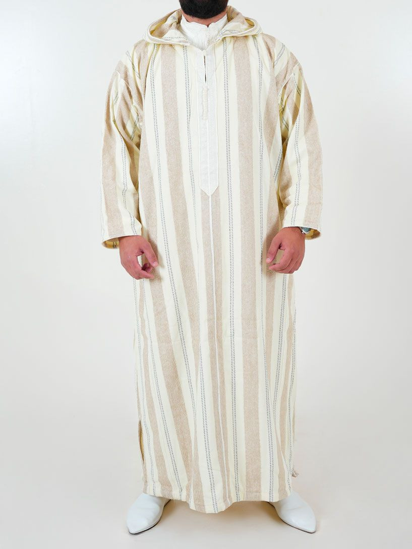 Djellaba marocaine Ouazzania rayée - Blanc/taupe