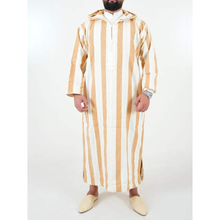 Djellaba marocaine Ouazzania rayée - Blanc/or