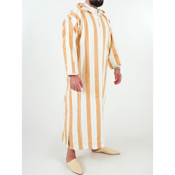 Djellaba marocaine Ouazzania rayée - Blanc/or